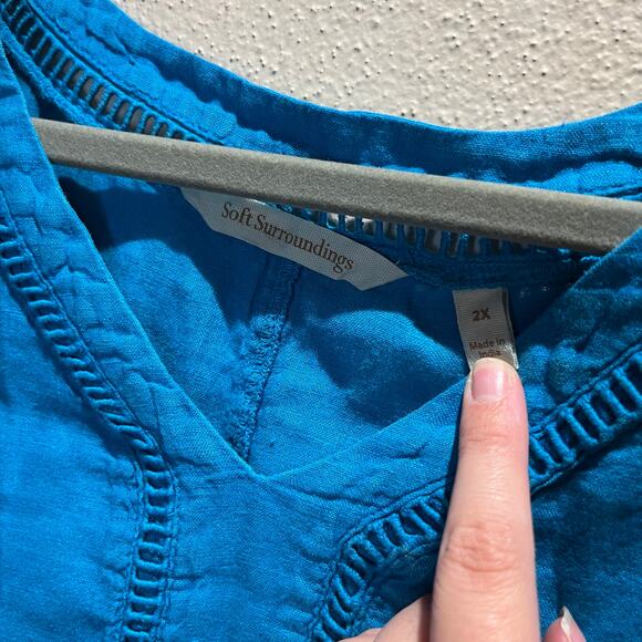 Soft Surroundings Leonie Tunic Top 100% Linen Sz 2X Carribean Turquoise Coastal - Picture 3 of 5